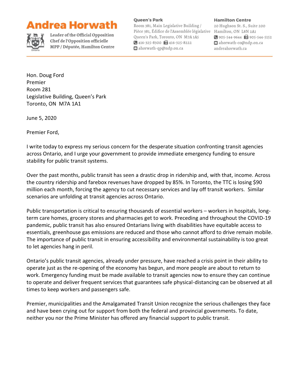 Letter from Ontario NDP Leader Andrea Horwath to Premier Doug