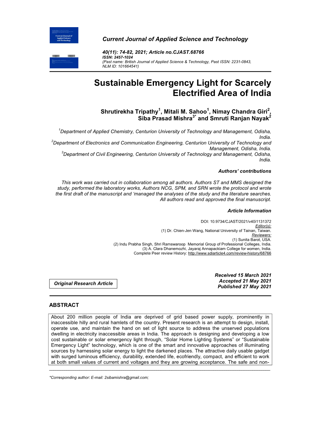 Sustainable Emergency Light for Scarcely Electrified Area of India