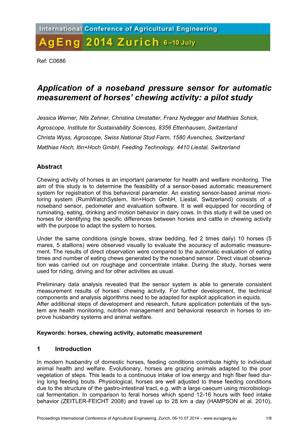 Application of a Noseband Pressure Sensor for Automatic Measurement of Horses’ Chewing Activity: a Pilot Study