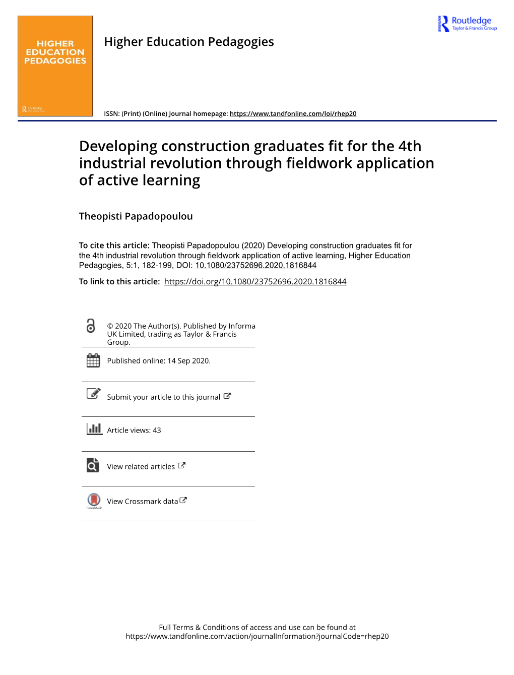 Developing Construction Graduates Fit for the 4Th Industrial Revolution Through Fieldwork Application of Active Learning