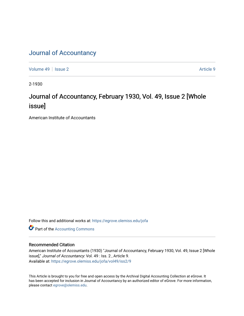 Journal of Accountancy, February 1930, Vol. 49, Issue 2 [Whole Issue]