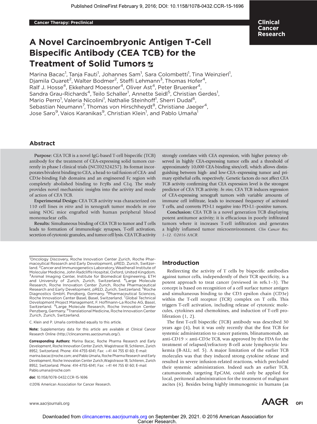 A Novel Carcinoembryonic Antigen T-Cell Bispecific Antibody (CEA TCB) for the Treatment of Solid Tumors