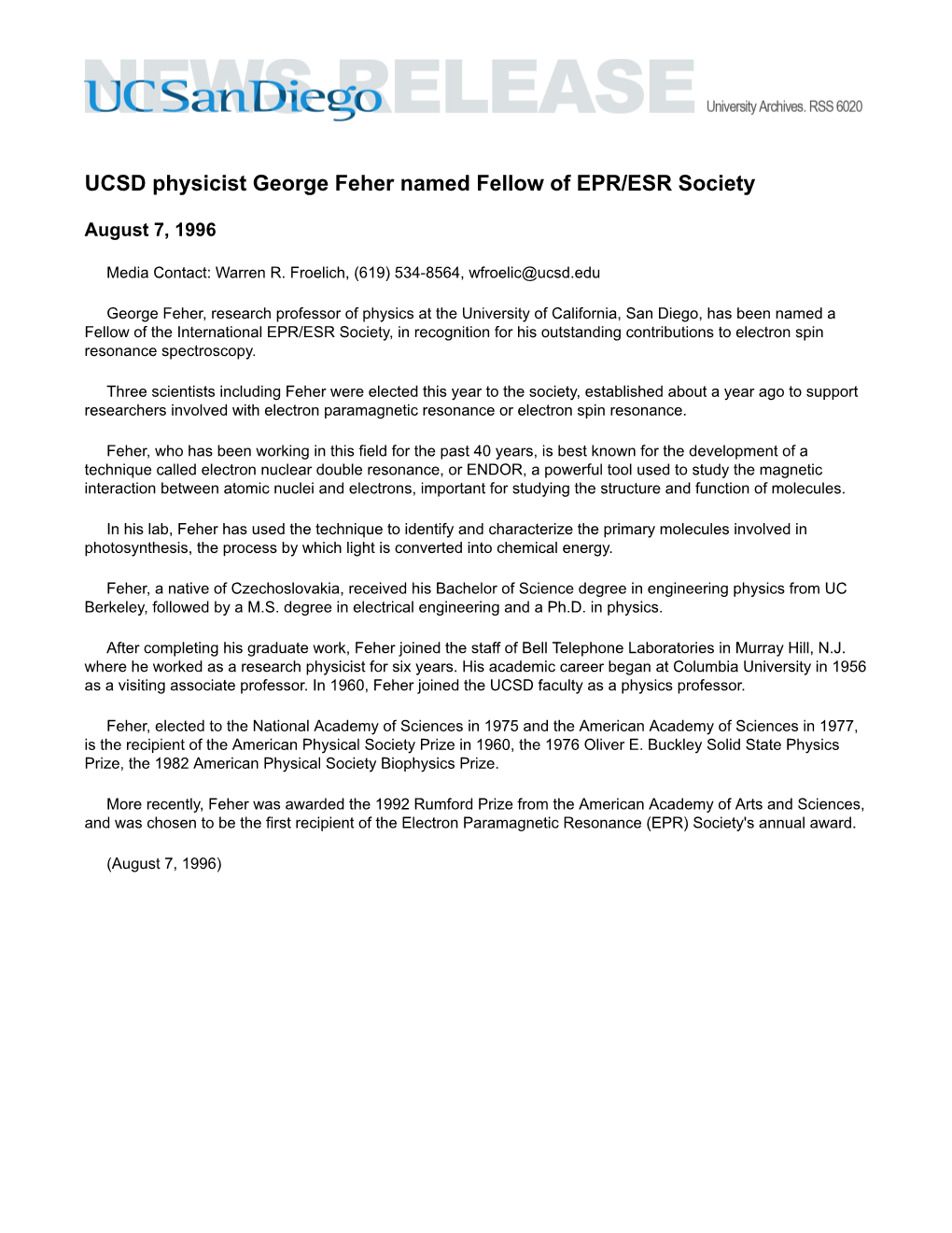 UCSD Physicist George Feher Named Fellow of EPR/ESR Society