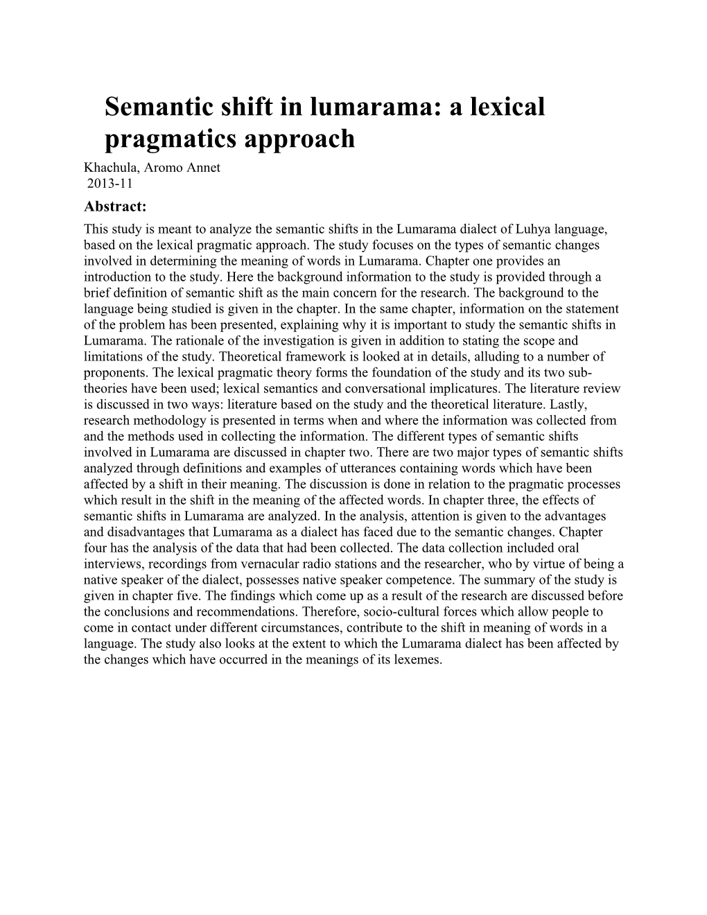 Semantic Shift in Lumarama: a Lexical Pragmatics Approach