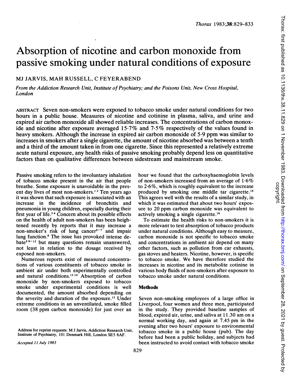 Absorption of Nicotine and Carbon Monoxide from Passive Smoking Under Natural Conditions of Exposure