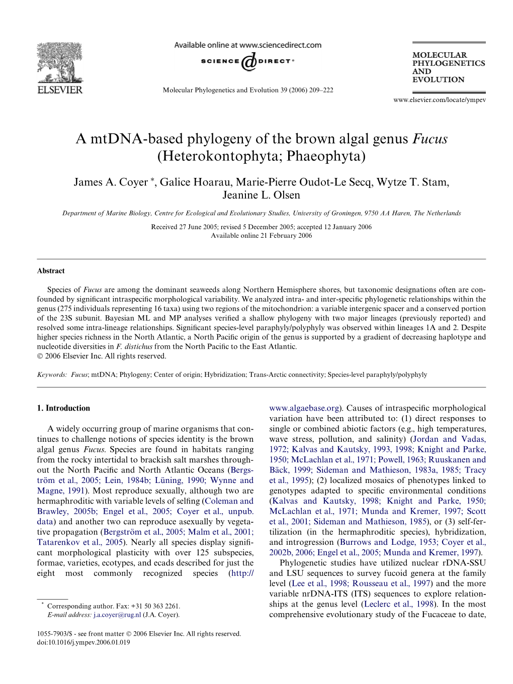 A Mtdna-Based Phylogeny of the Brown Algal Genus Fucus (Heterokontophyta; Phaeophyta)