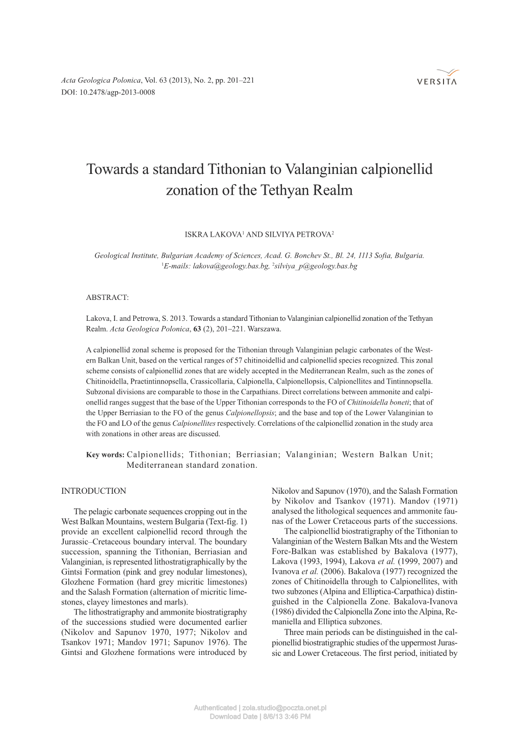 Towards a Standard Tithonian to Valanginian Calpionellid Zonation of the Tethyan Realm