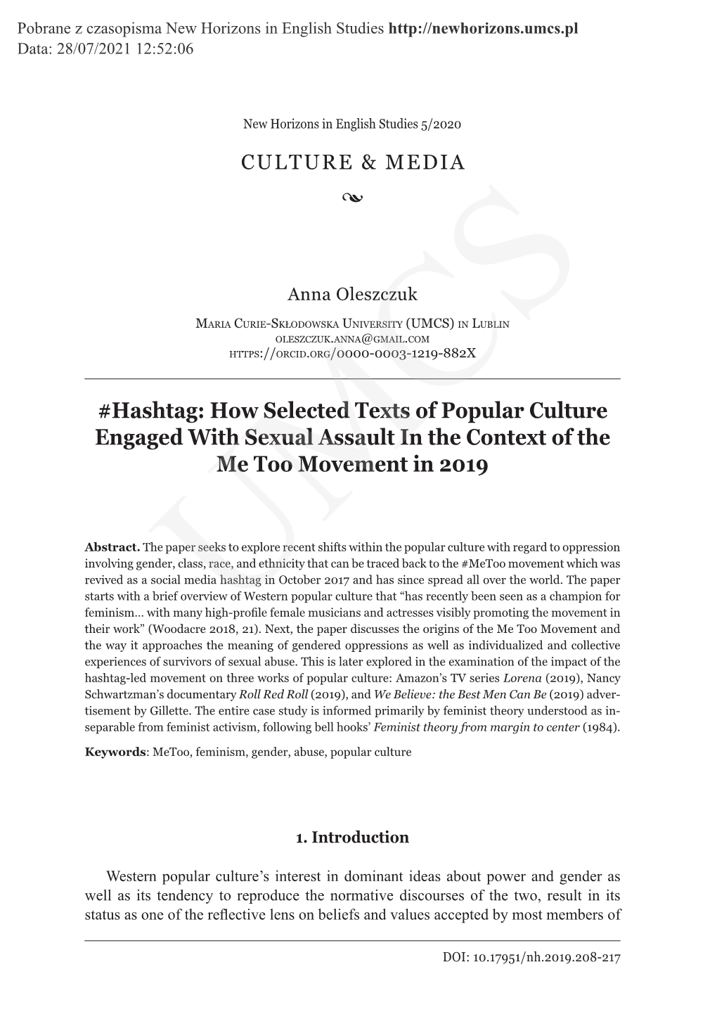 Hashtag: How Selected Texts of Popular Culture Engaged with Sexual Assault in the Context of the Me Too Movement in 2019