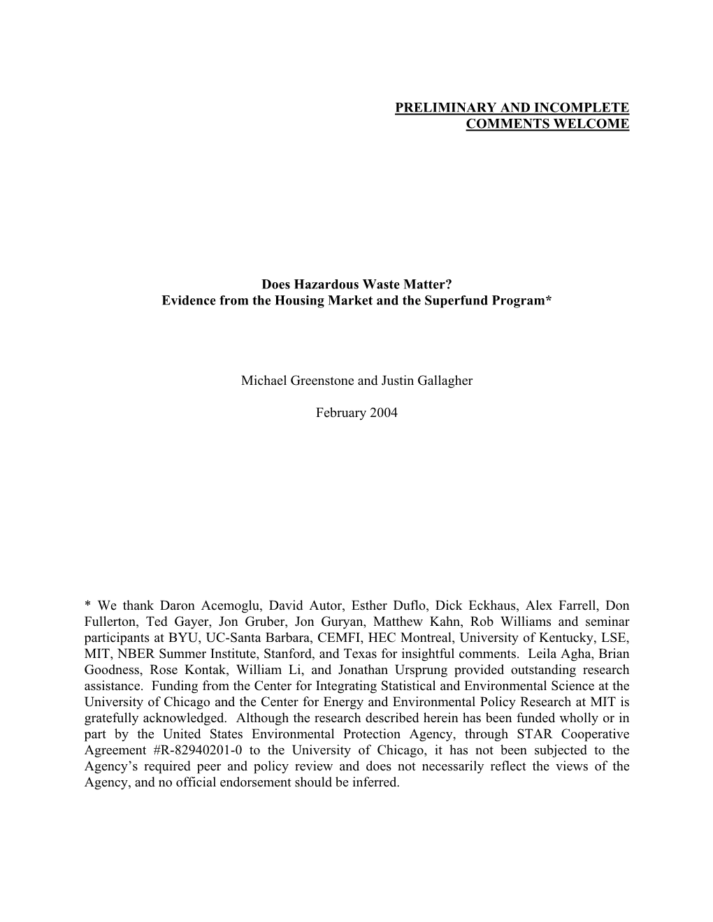 Evidence from the Housing Market and the Superfund Program*