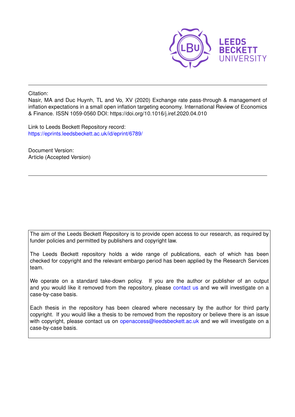 Nasir, MA and Duc Huynh, TL and Vo, XV (2020) Exchange Rate Pass-Through & Management of Inﬂation Expectations in a Small Open Inﬂation Targeting Economy