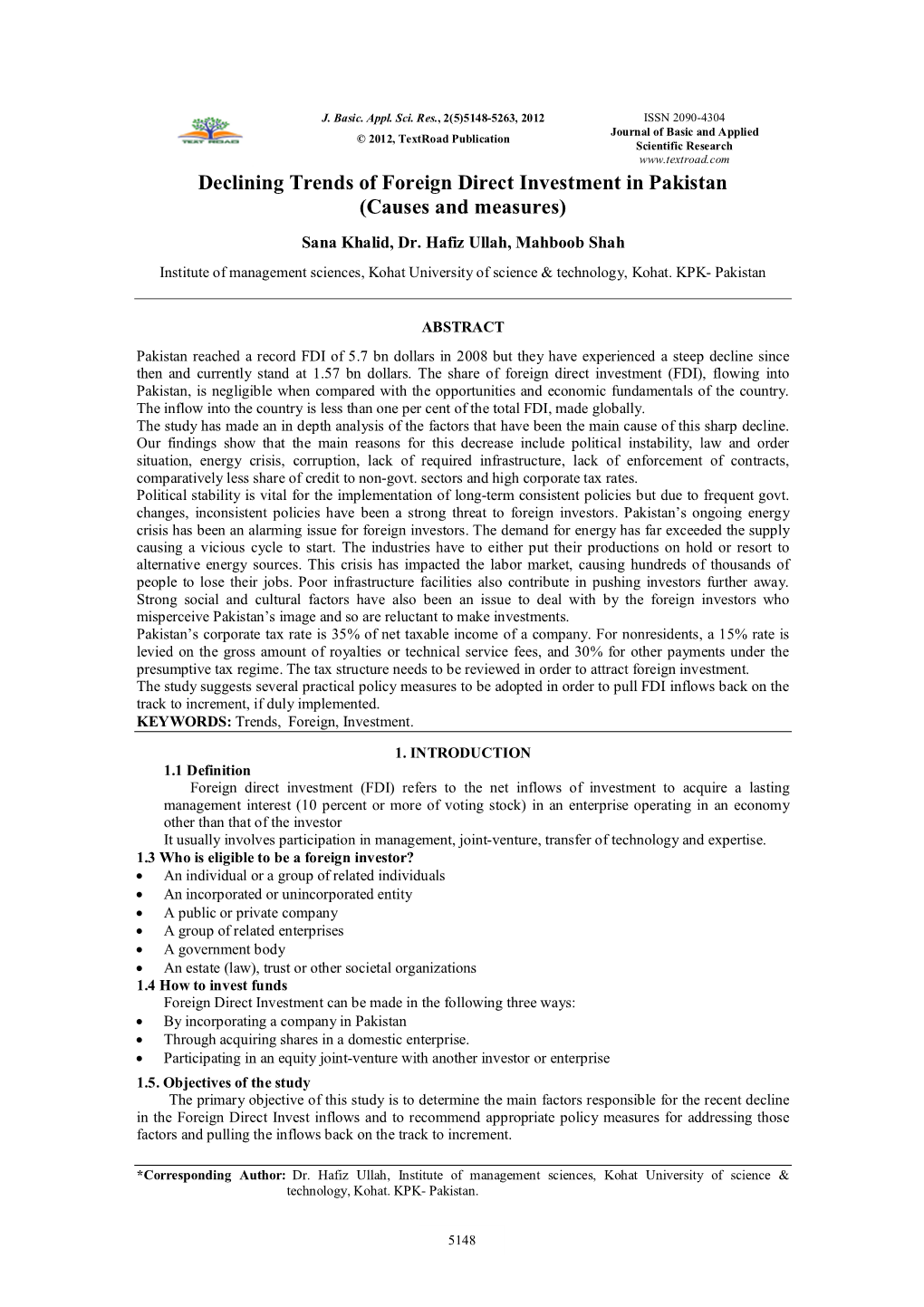 Declining Trends of Foreign Direct Investment in Pakistan (Causes and Measures)