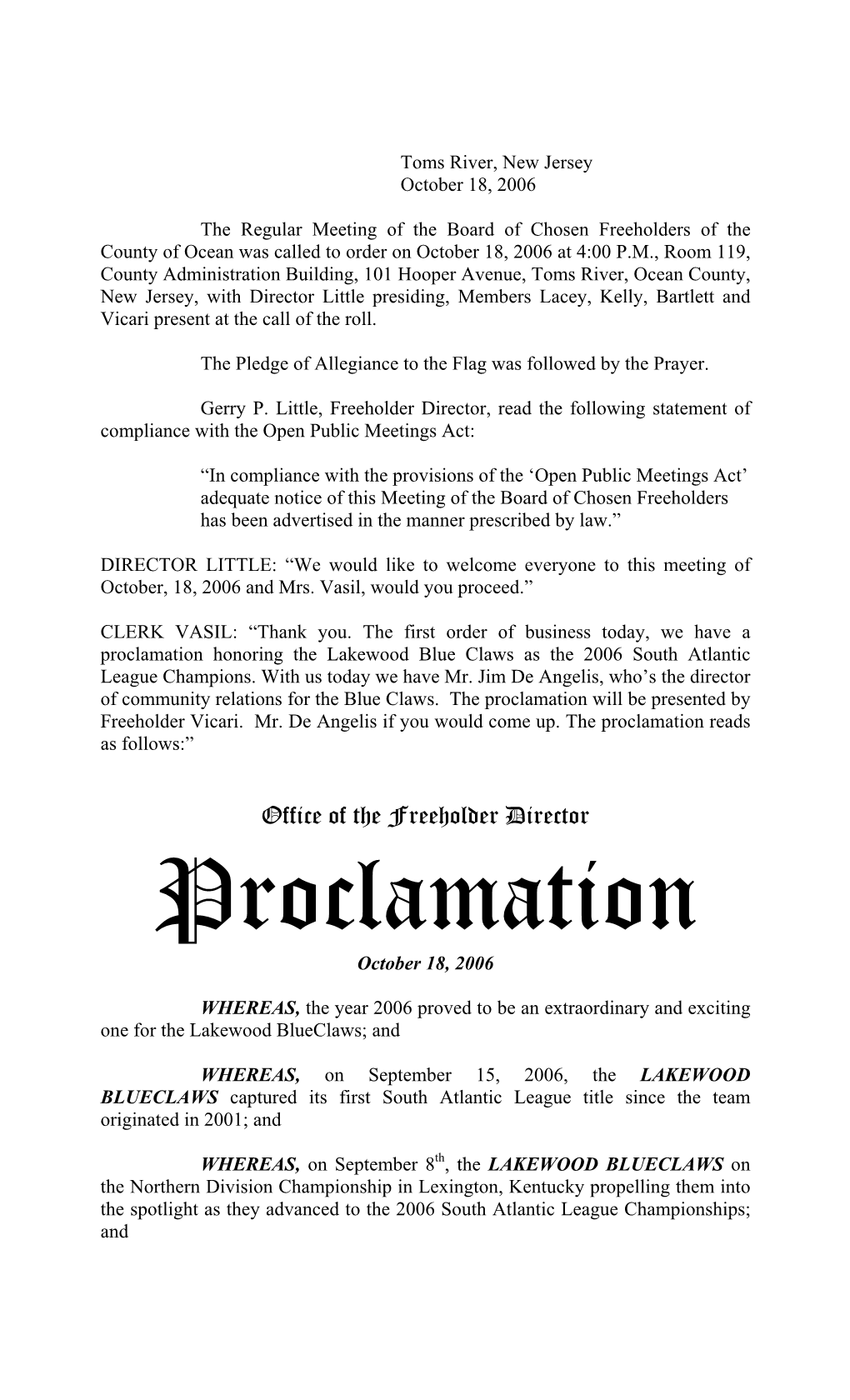 Office of the Freeholder Director Proclamation October 18, 2006