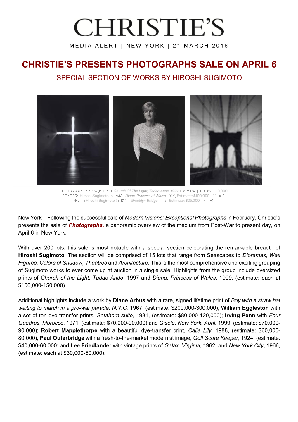 Christie's Presents Photographs Sale on April 6