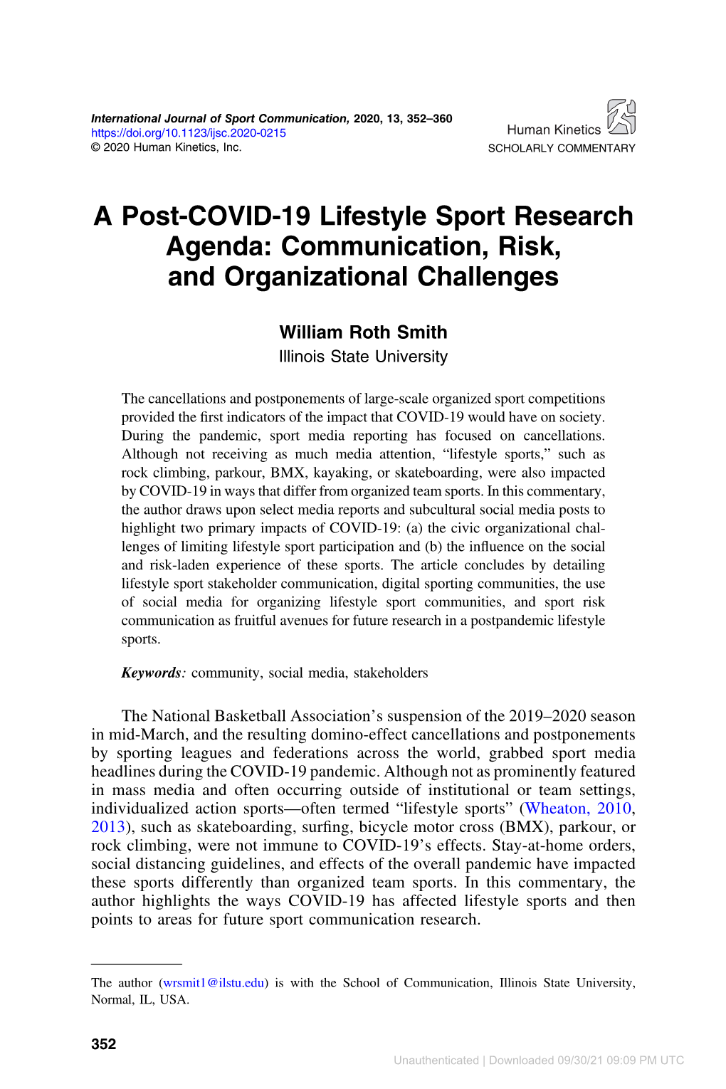A Post-COVID-19 Lifestyle Sport Research Agenda: Communication, Risk, and Organizational Challenges