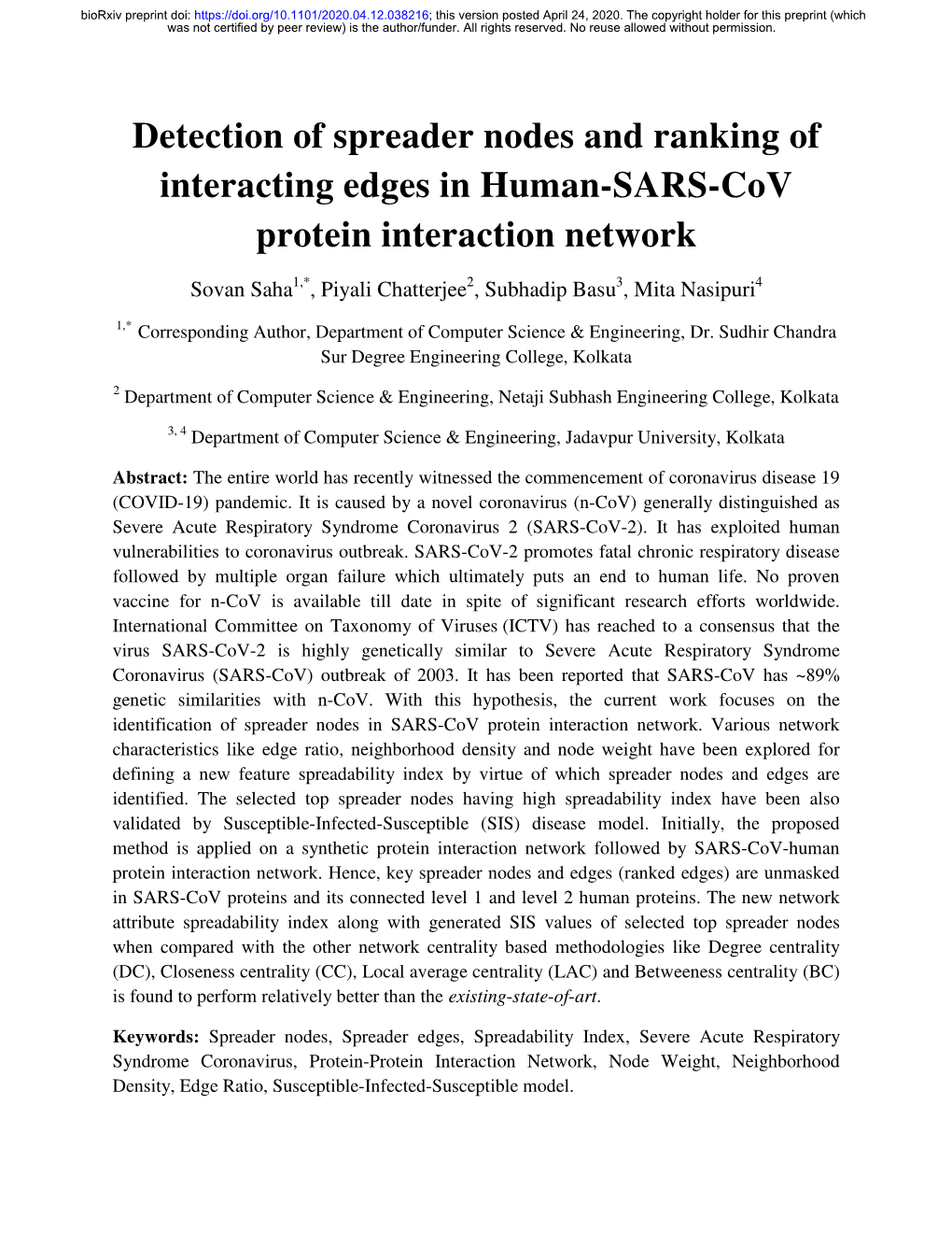 Detection of Spreader Nodes and Ranking of Interacting Edges in Human-SARS-Cov Protein Interaction Network