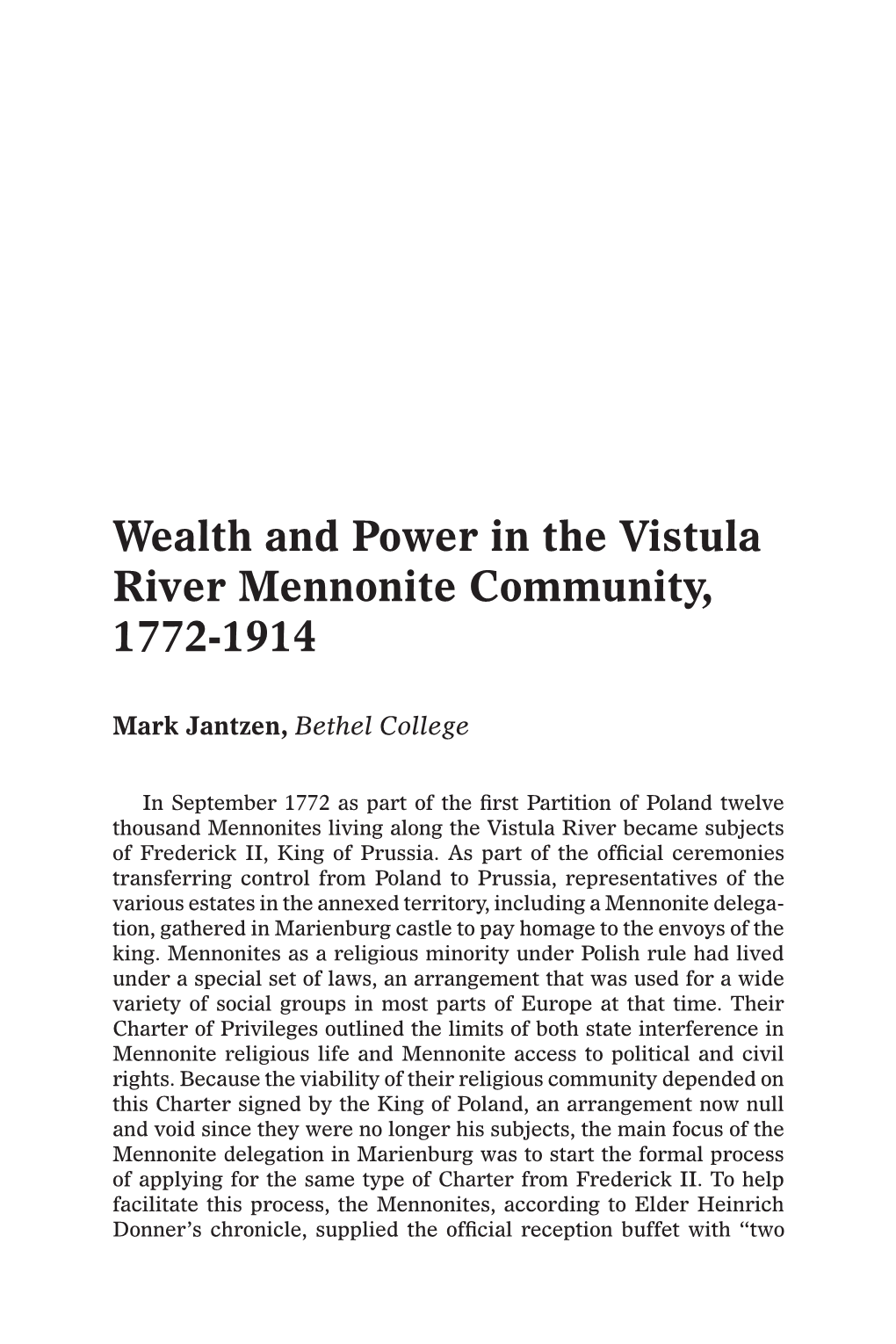 Wealth and Power in the Vistula River Mennonite Community, 1772-1914