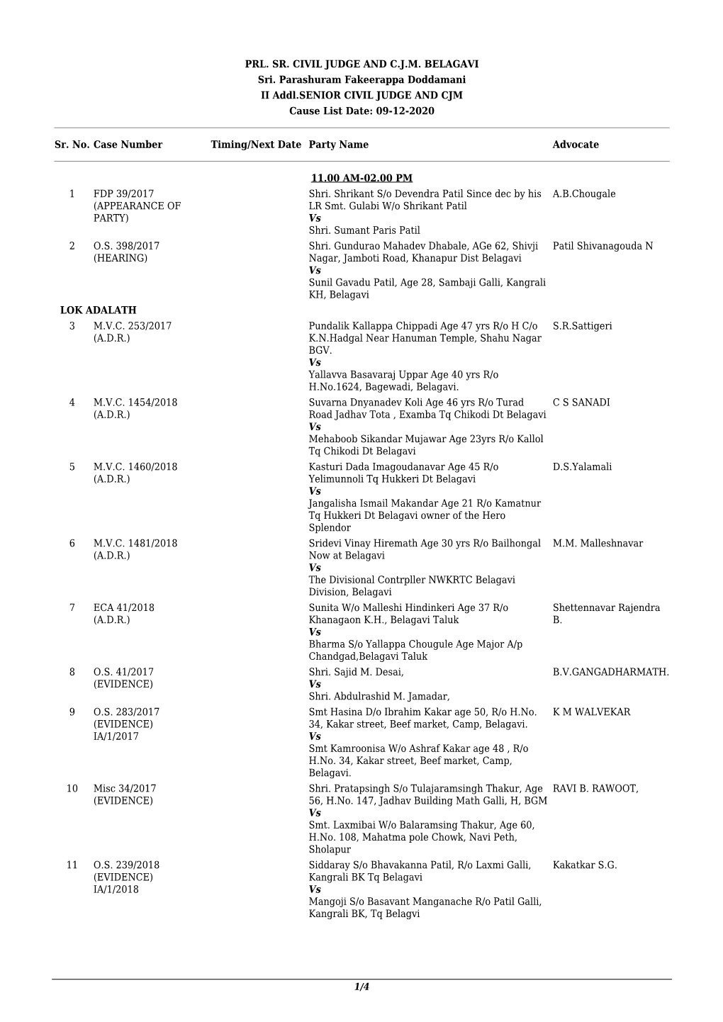 PRL. SR. CIVIL JUDGE and C.J.M. BELAGAVI Sri. Parashuram Fakeerappa Doddamani II Addl.SENIOR CIVIL JUDGE and CJM Cause List Date: 09-12-2020