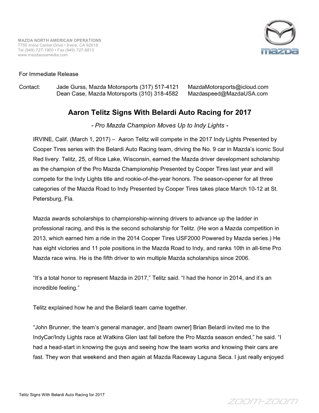 Aaron Telitz Signs with Belardi Auto Racing for 2017