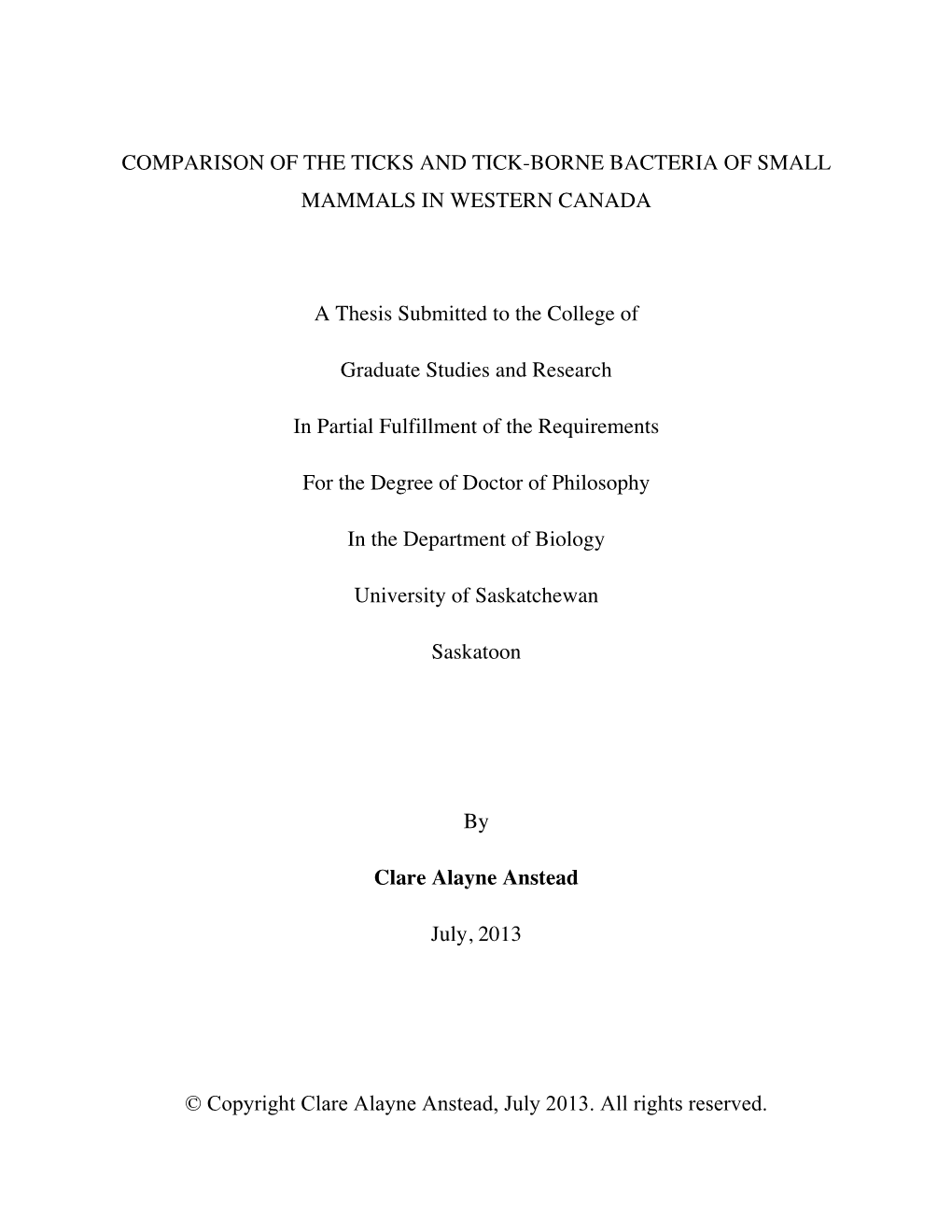 Comparison of the Ticks and Tick-Borne Bacteria of Small Mammals in Western Canada