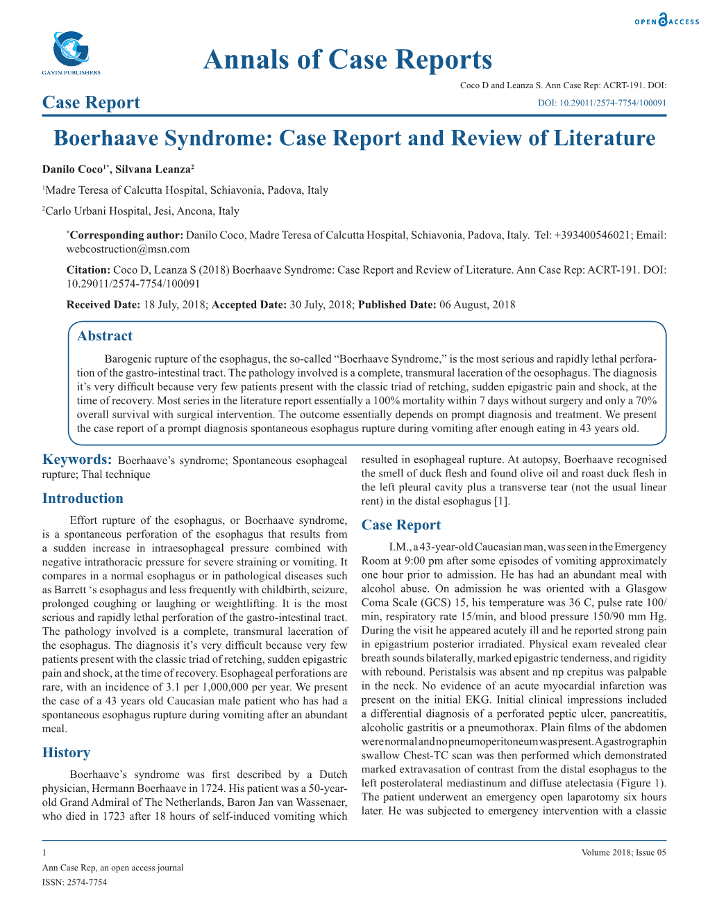 Boerhaave Syndrome: Case Report and Review of Literature