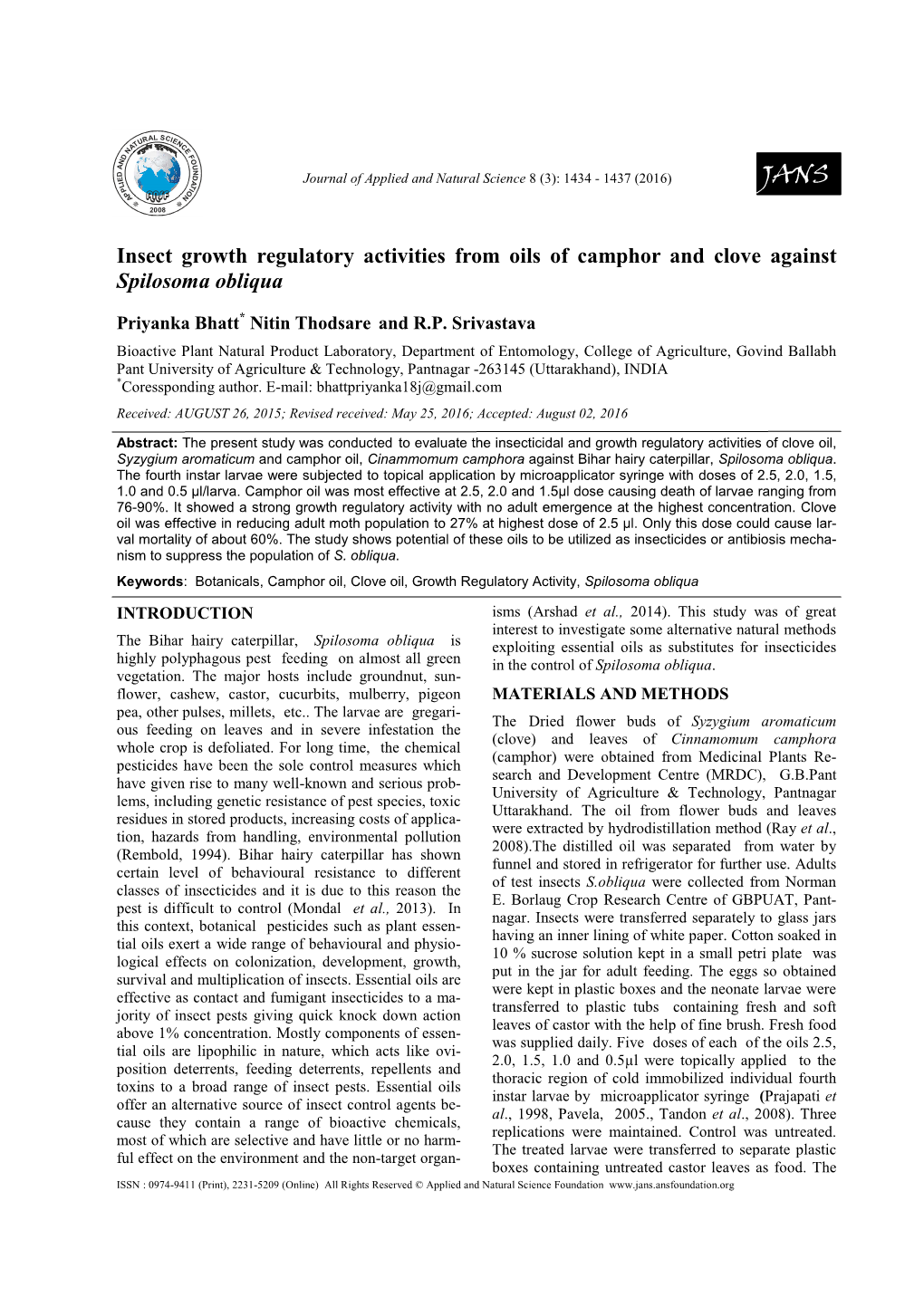 Insect Growth Regulatory Activities from Oils of Camphor and Clove Against Spilosoma Obliqua