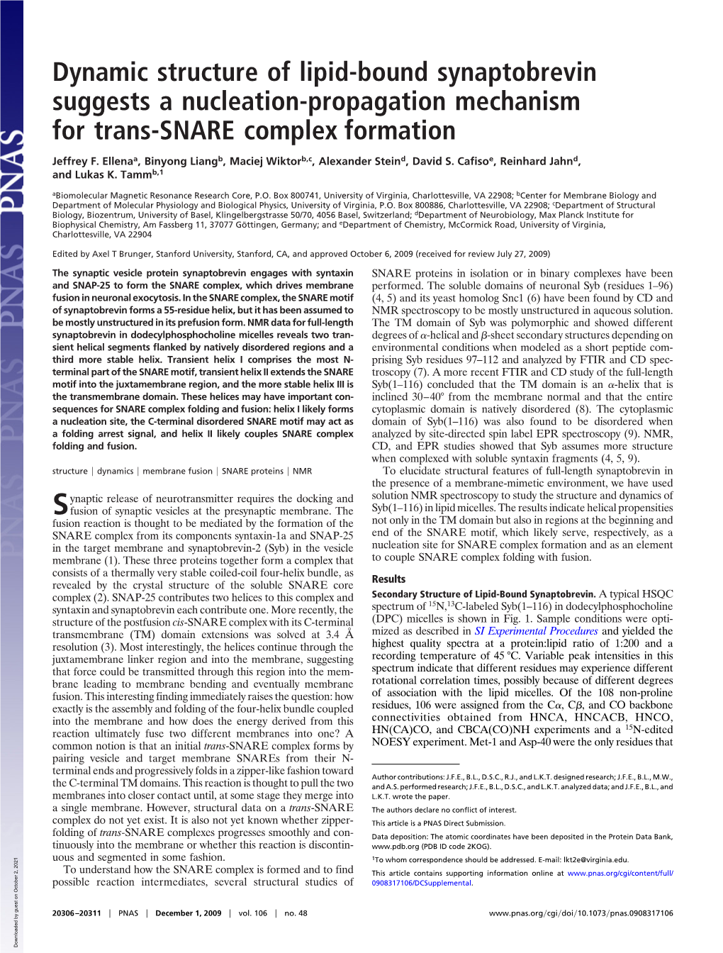 Dynamic Structure of Lipid-Bound Synaptobrevin Suggests a Nucleation-Propagation Mechanism for Trans-SNARE Complex Formation