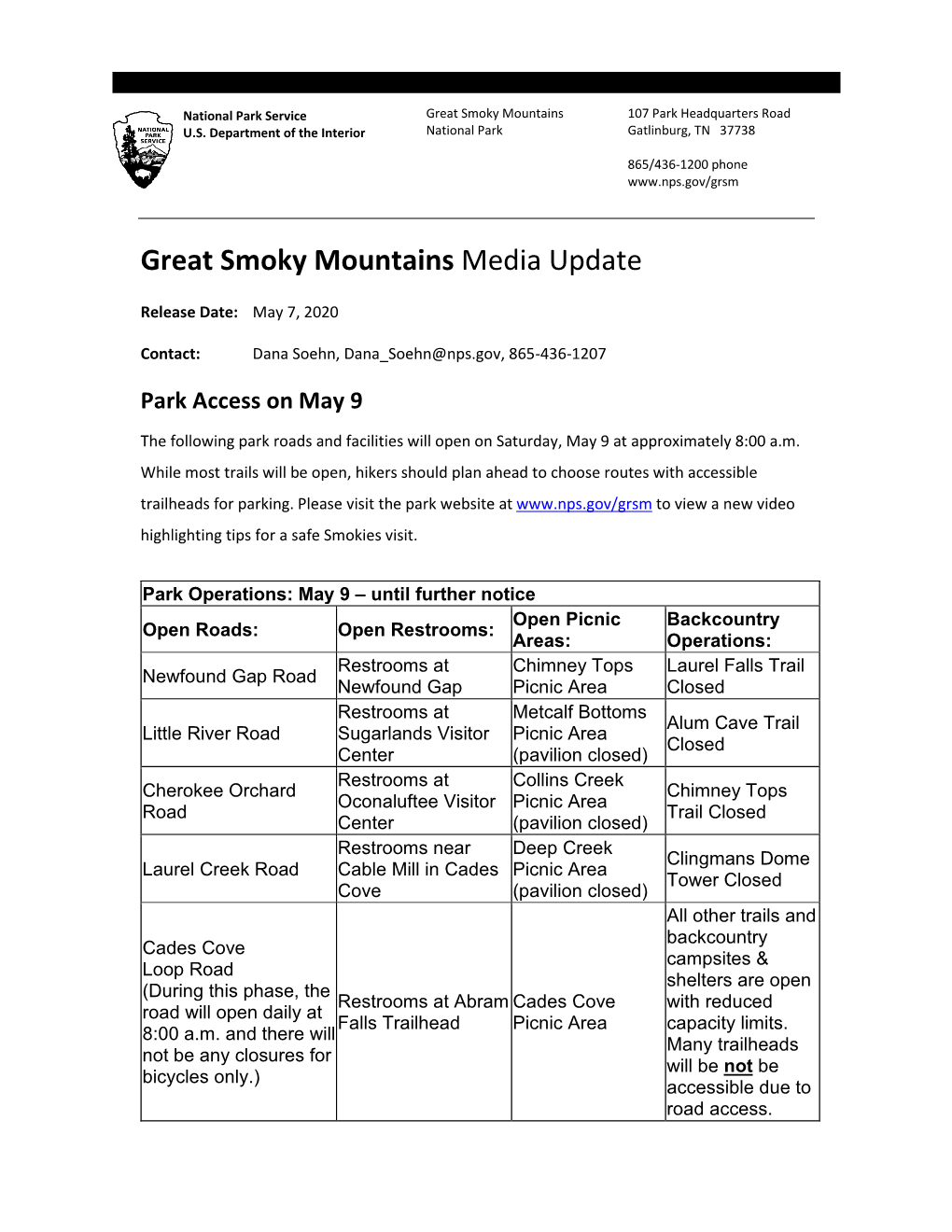Great Smoky Mountains Media Update