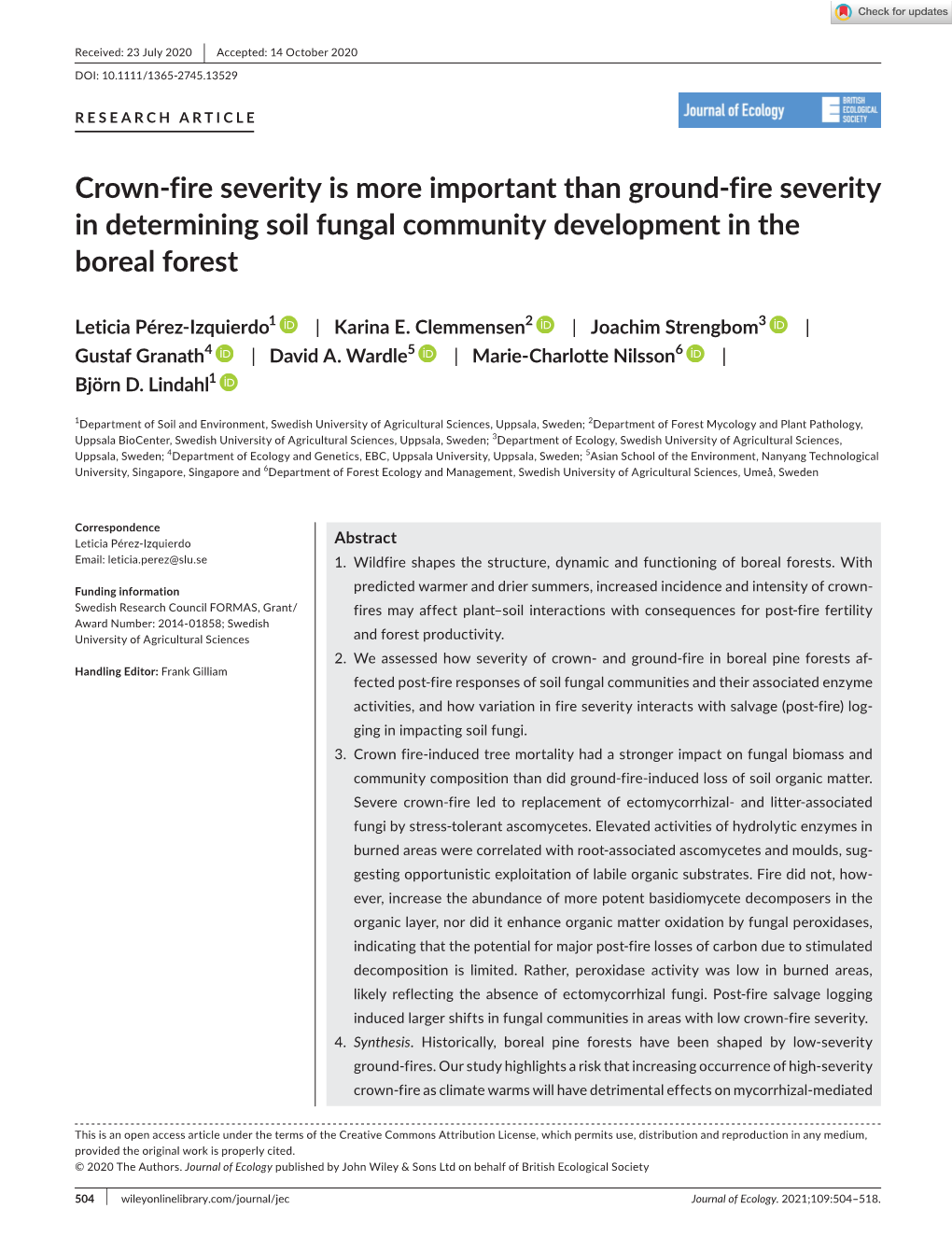 Crown‐Fire Severity Is More Important Than Ground‐Fire Severity in Determining Soil Fungal Community Development in the Bore