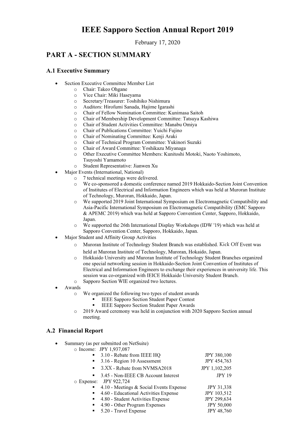 IEEE Sapporo Section Annual Report 2019 February 17, 2020 PART a - SECTION SUMMARY