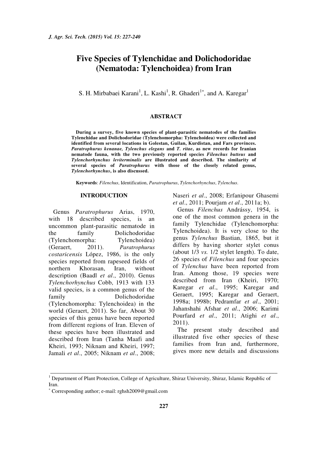 Five Species of Tylenchidae and Dolichodoridae (Nematoda: Tylenchoidea) from Iran