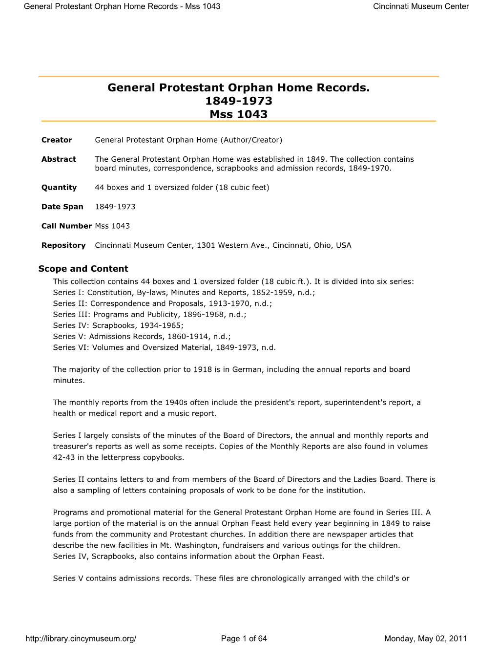 General Protestant Orphan Home Records. 1849-1973 Mss 1043