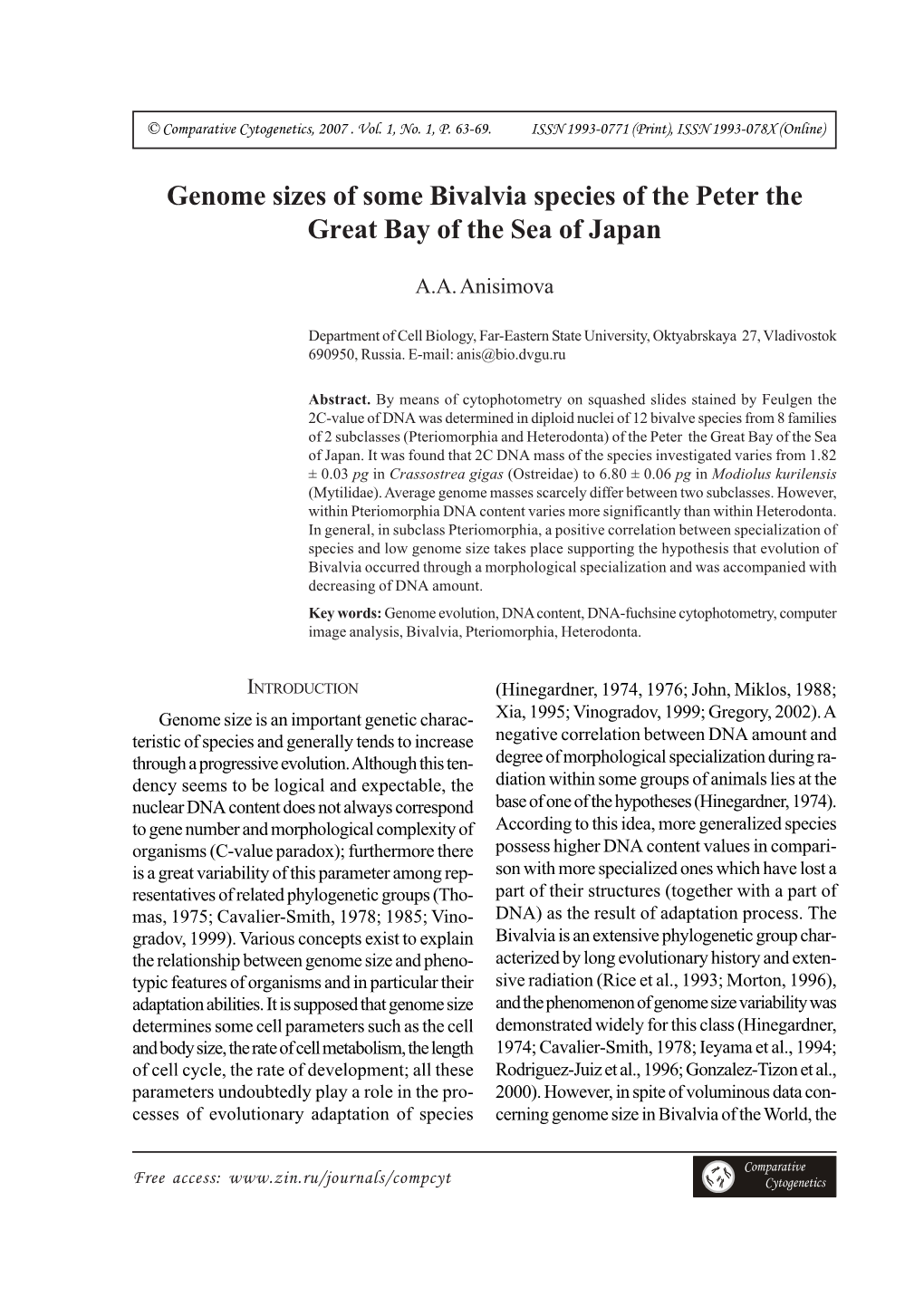 Genome Sizes of Some Bivalvia Species of the Peter the Great Bay of the Sea of Japan