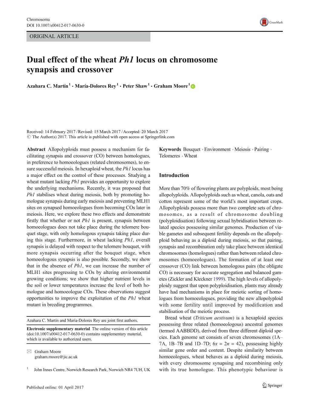 Dual Effect of the Wheat Ph1 Locus on Chromosome Synapsis and Crossover