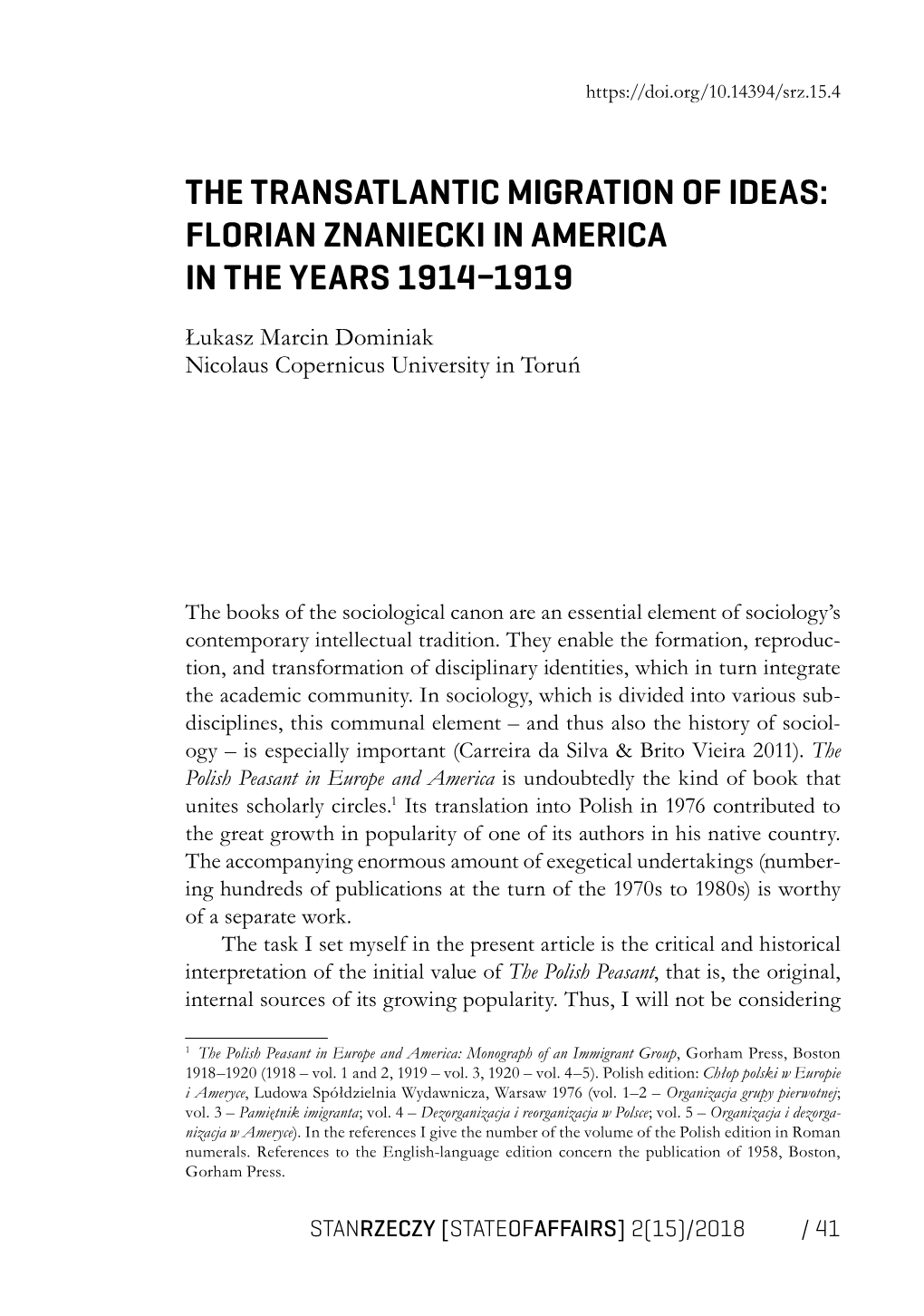 The Transatlantic Migration of Ideas: Florian Znaniecki in America in the Years 1914–1919