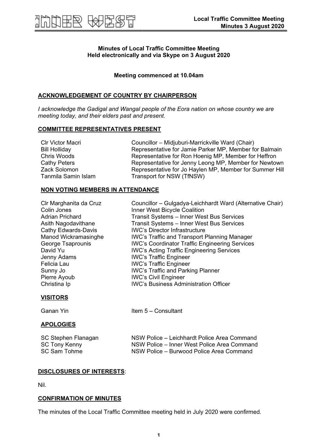 Minutes of Local Traffic Committee Meeting Held Electronically and Via Skype on 3 August 2020