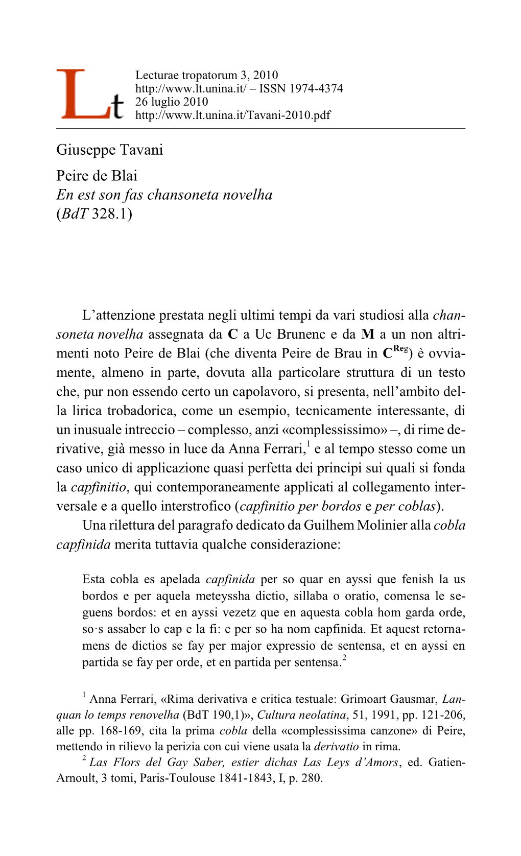 Giuseppe Tavani Peire De Blai En Est Son Fas Chansoneta Novelha (Bdt 328.1)