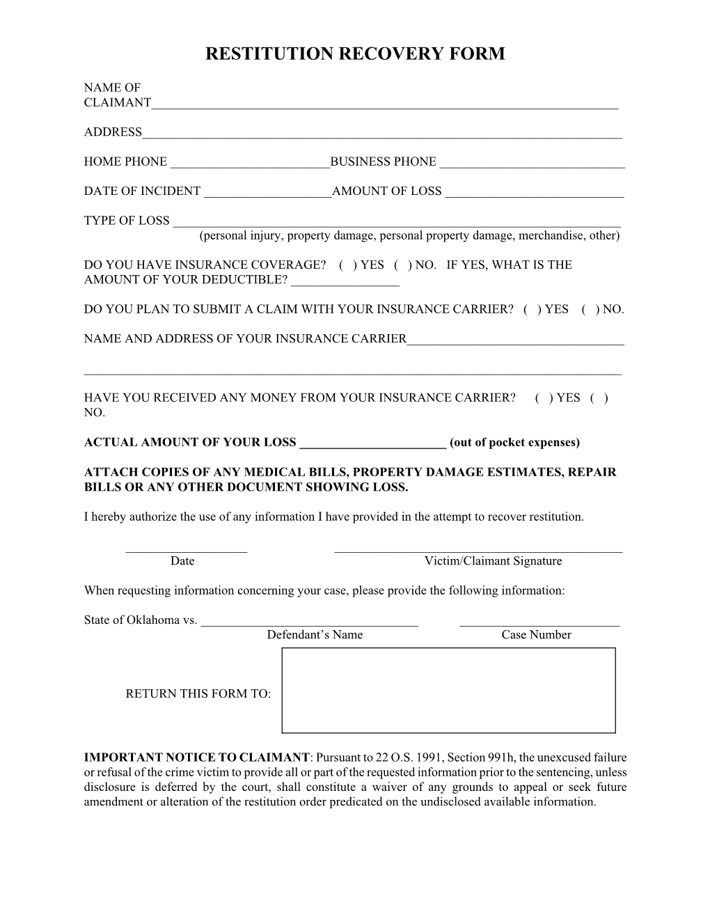 Restitution Recovery Form