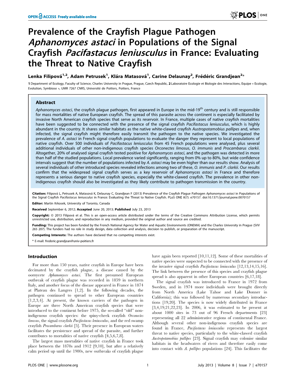 Crayfish Pacifastacus Leniusculus in France: Evaluating the Threat to Native Crayfish