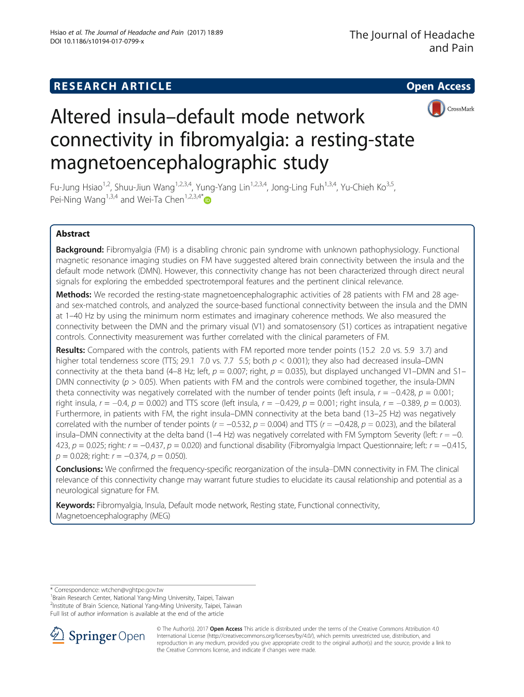 Altered Insula–Default Mode Network Connectivity in Fibromyalgia