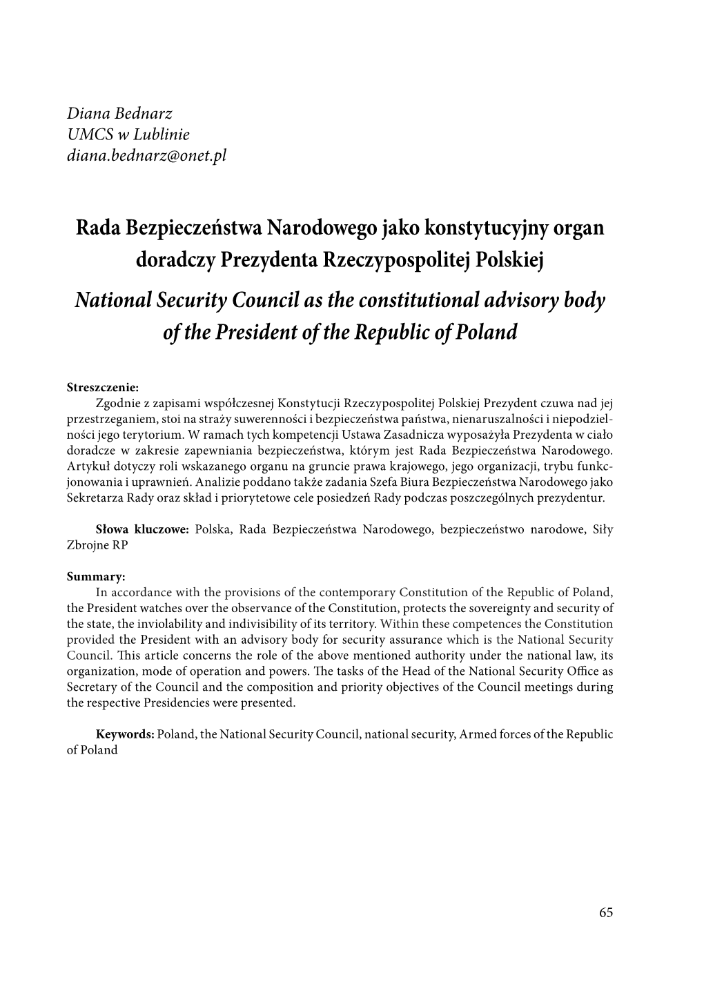 Rada Bezpieczeństwa Narodowego Jako Konstytucyjny Organ Doradczy