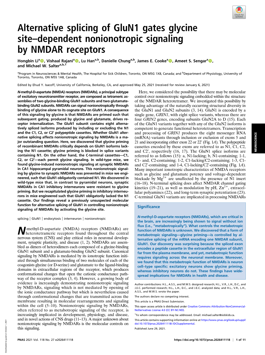Alternative Splicing of Glun1 Gates Glycine Site–Dependent Nonionotropic Signaling by NMDAR Receptors
