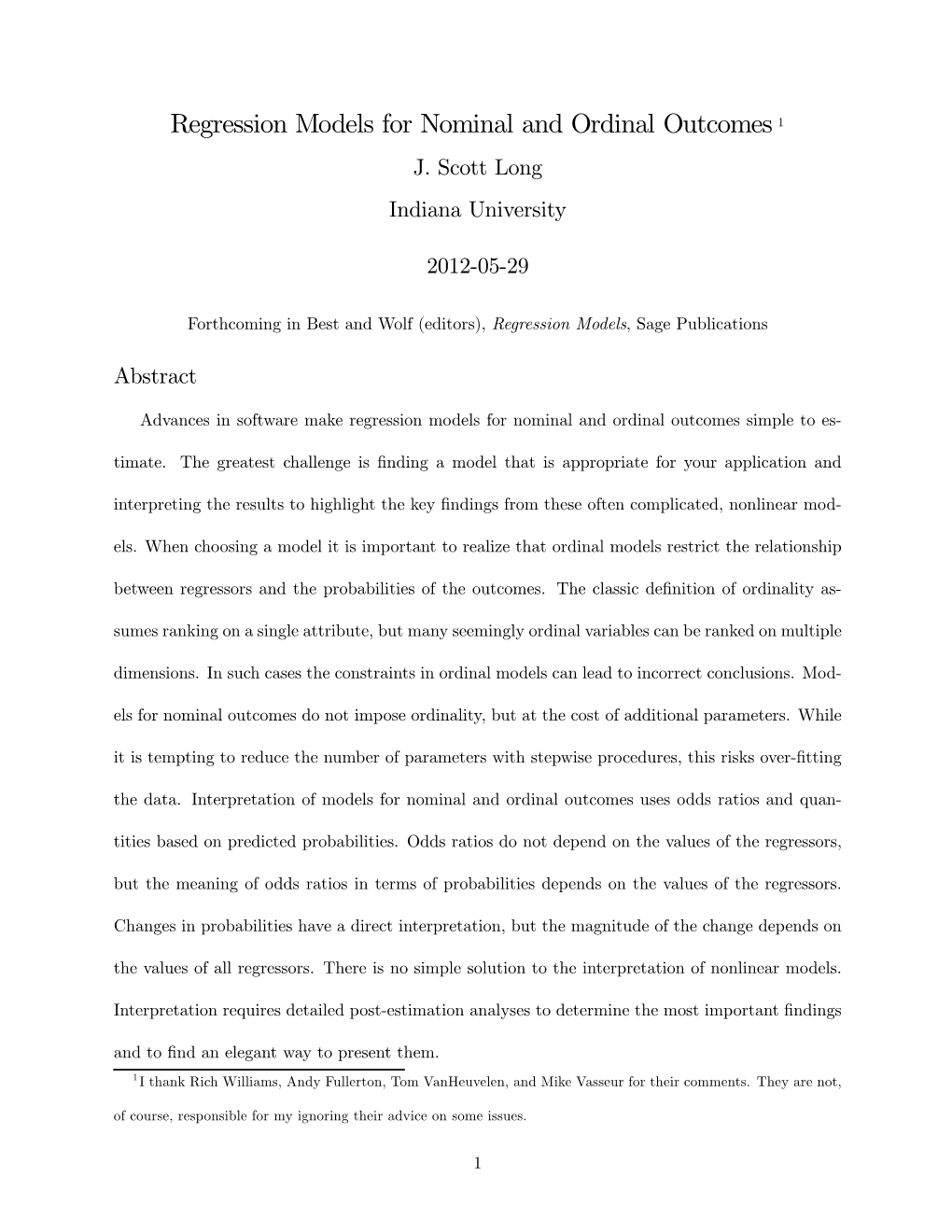 Regression Models for Nominal and Ordinal Outcomes 1 J