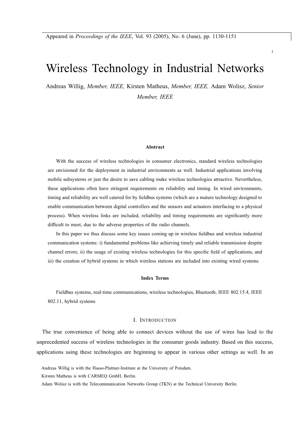 Wireless Technology in Industrial Networks