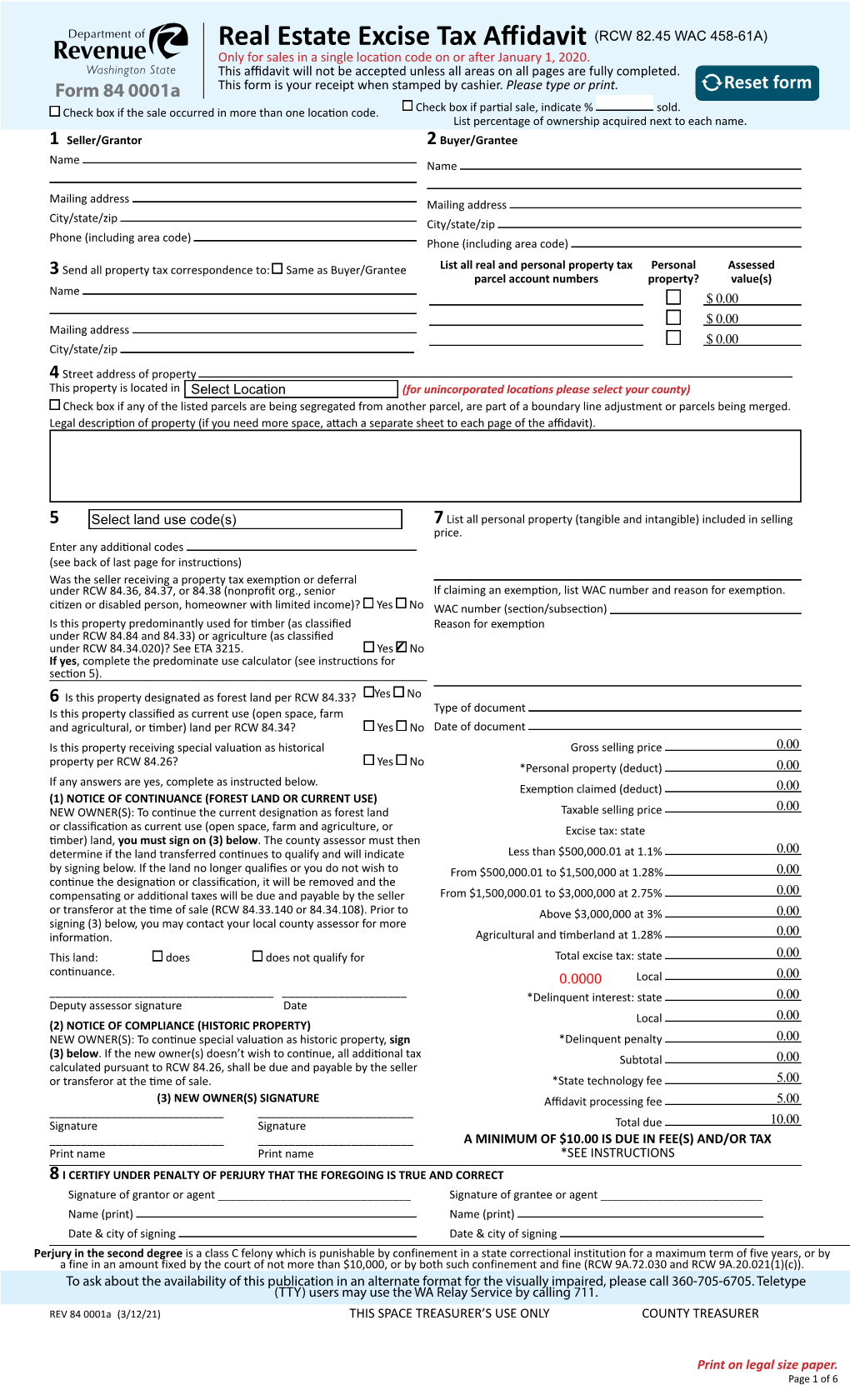 Real Estate Excise Tax Affidavit (RCW 82.45 WAC 458-61A) Only for Sales in a Single Location Code on Or After January 1, 2020