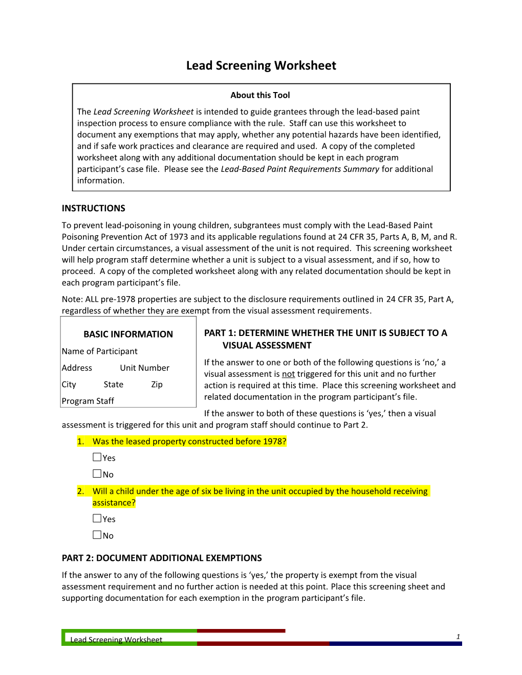 HPRP Lead Screening Worksheet