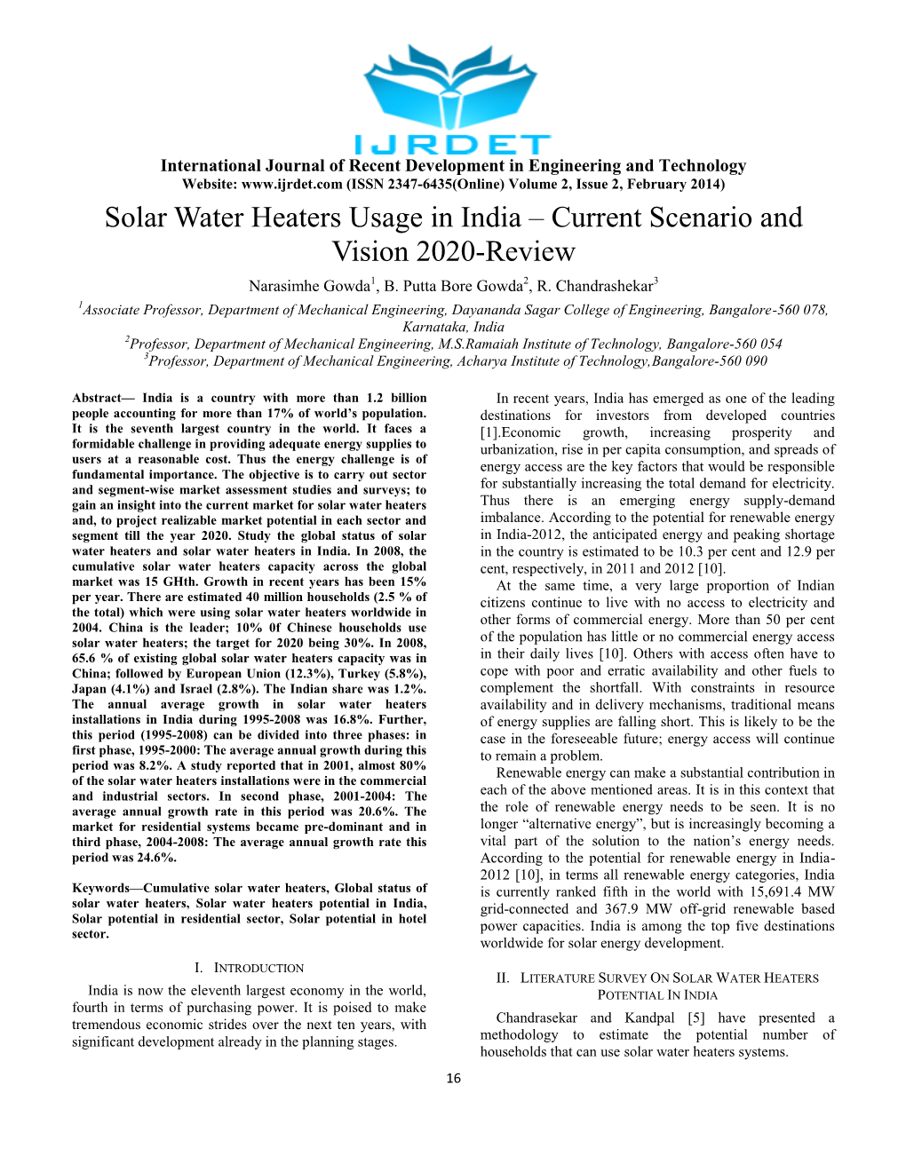 Solar Water Heaters Usage in India – Current Scenario and Vision 2020-Review Narasimhe Gowda1, B