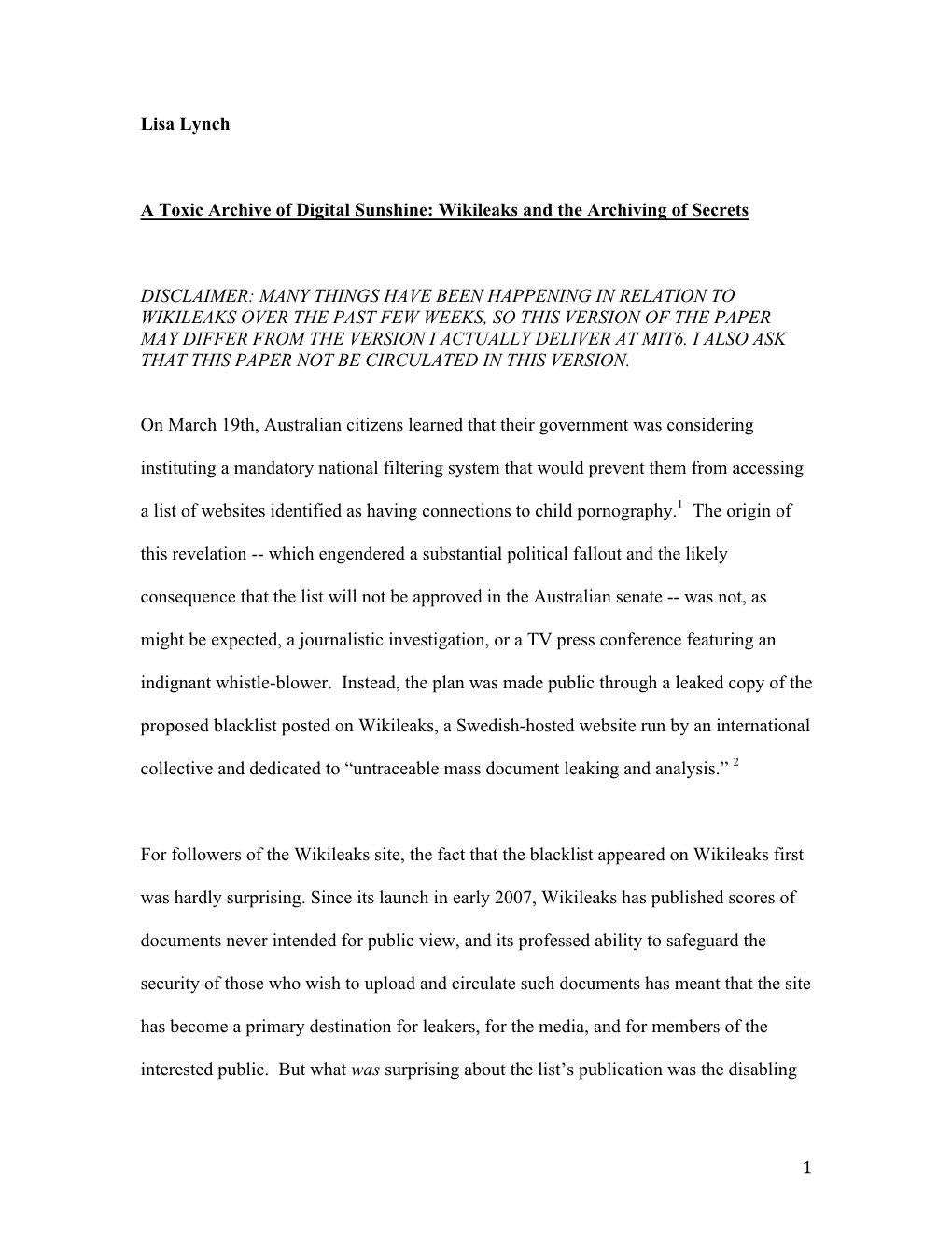 1 Lisa Lynch a Toxic Archive of Digital Sunshine: Wikileaks and The