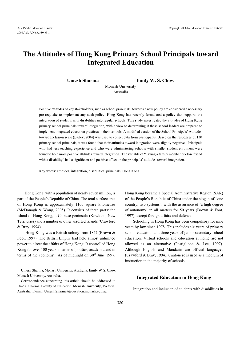 The Attitudes of Hong Kong Primary School Principals Toward Integrated Education