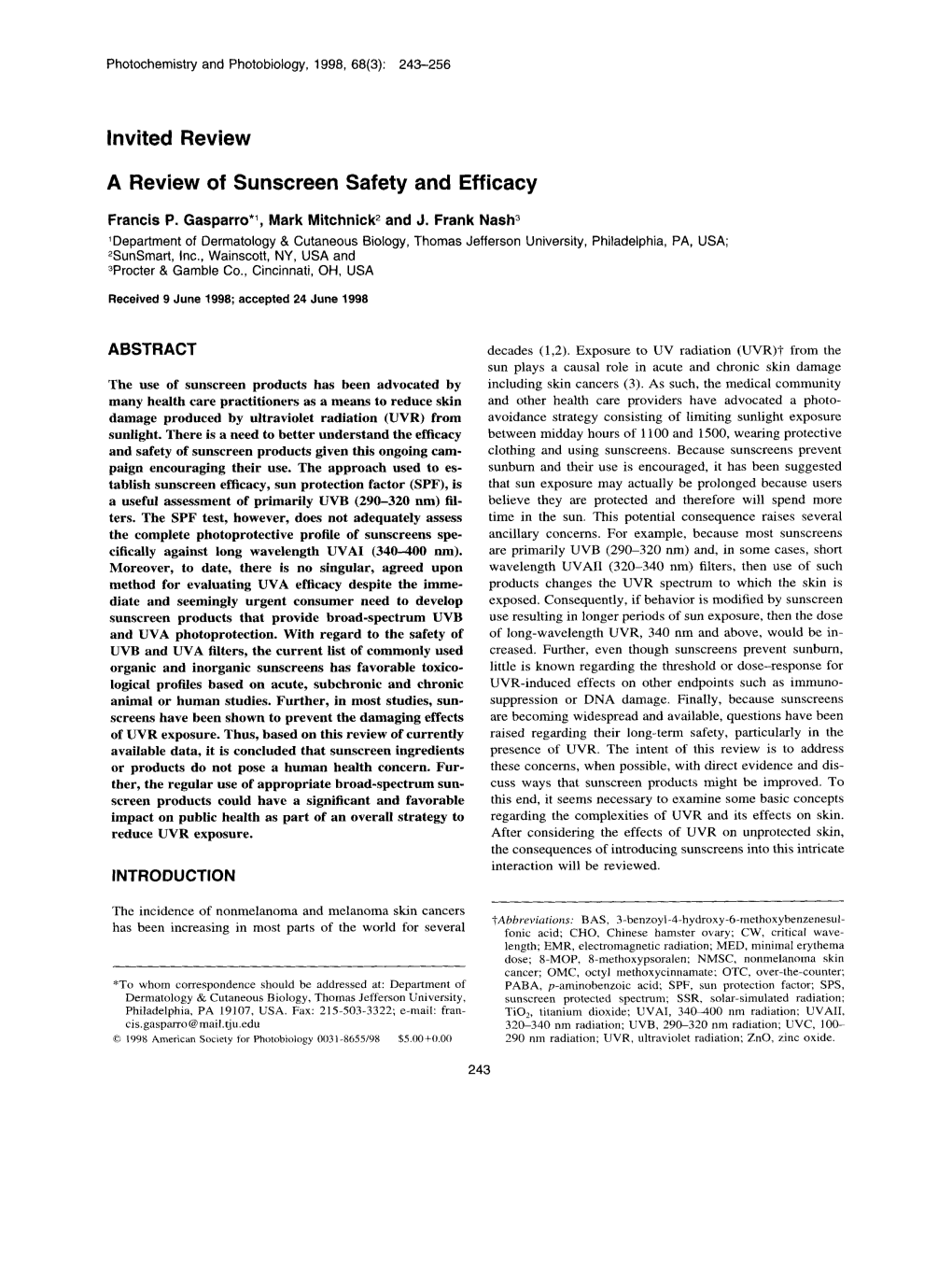 Invited Review a Review of Sunscreen Safety and Efficacy