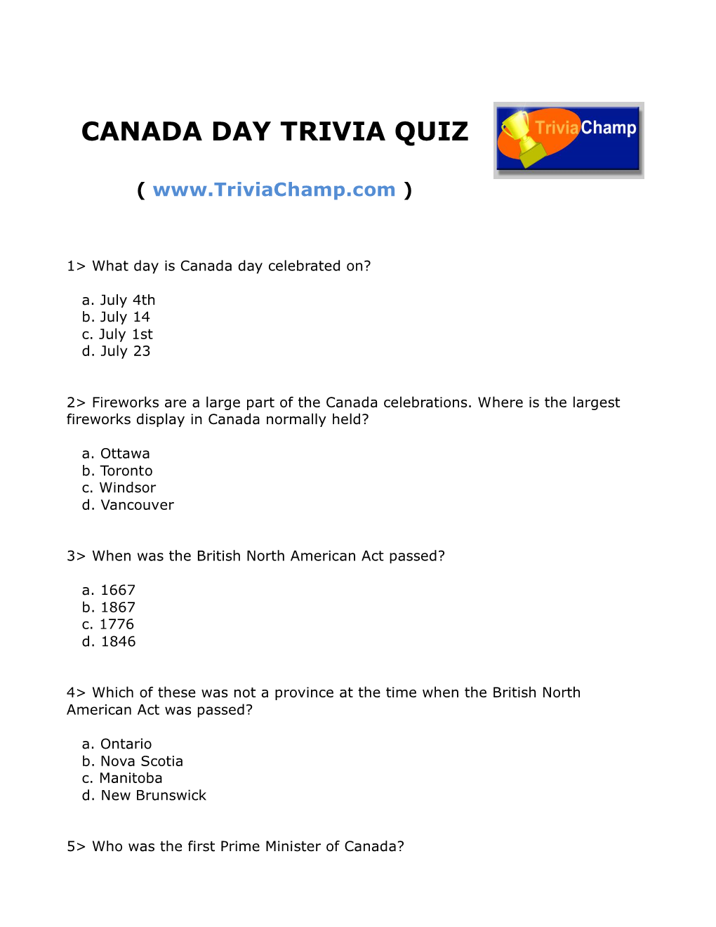 Canada Day Trivia Quiz
